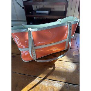 Orange Patent Leather Tote Bag With Cream Trim & Gold Stud Accents By Maxx New Y